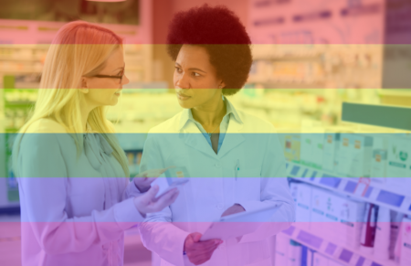 Two pharmacists talking with each other, overlaid with a rainbow flag